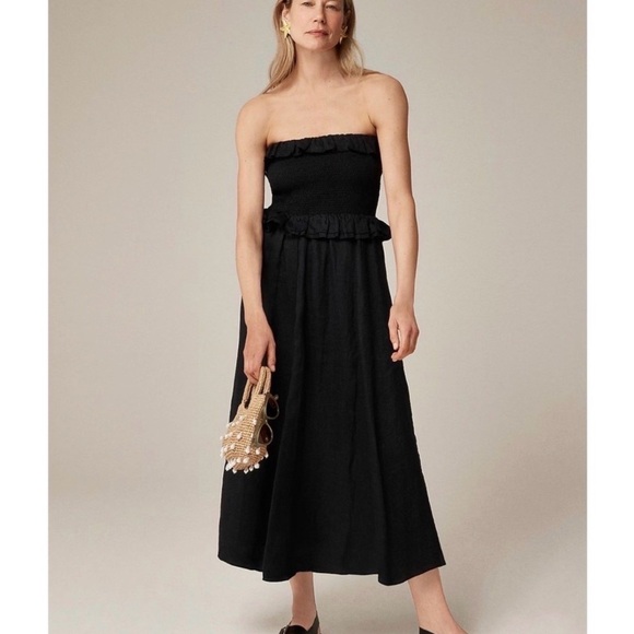 J.CREW Ravenna Dress in Ramie S Black Ruffle Strapless Smocked Beach Casual - Picture 2 of 4